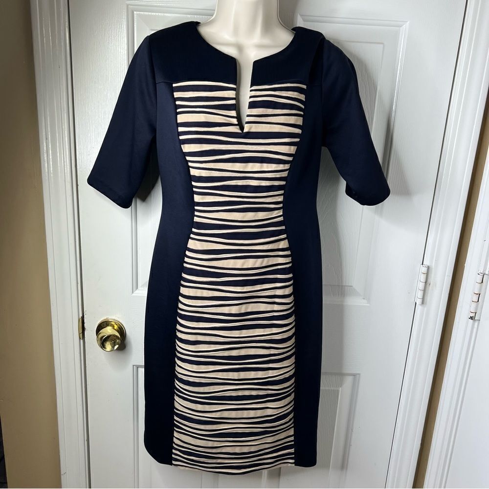 Connected Apparel Navy Tan Short-Sleeve Textured Sheath Stretch Dress Size 6